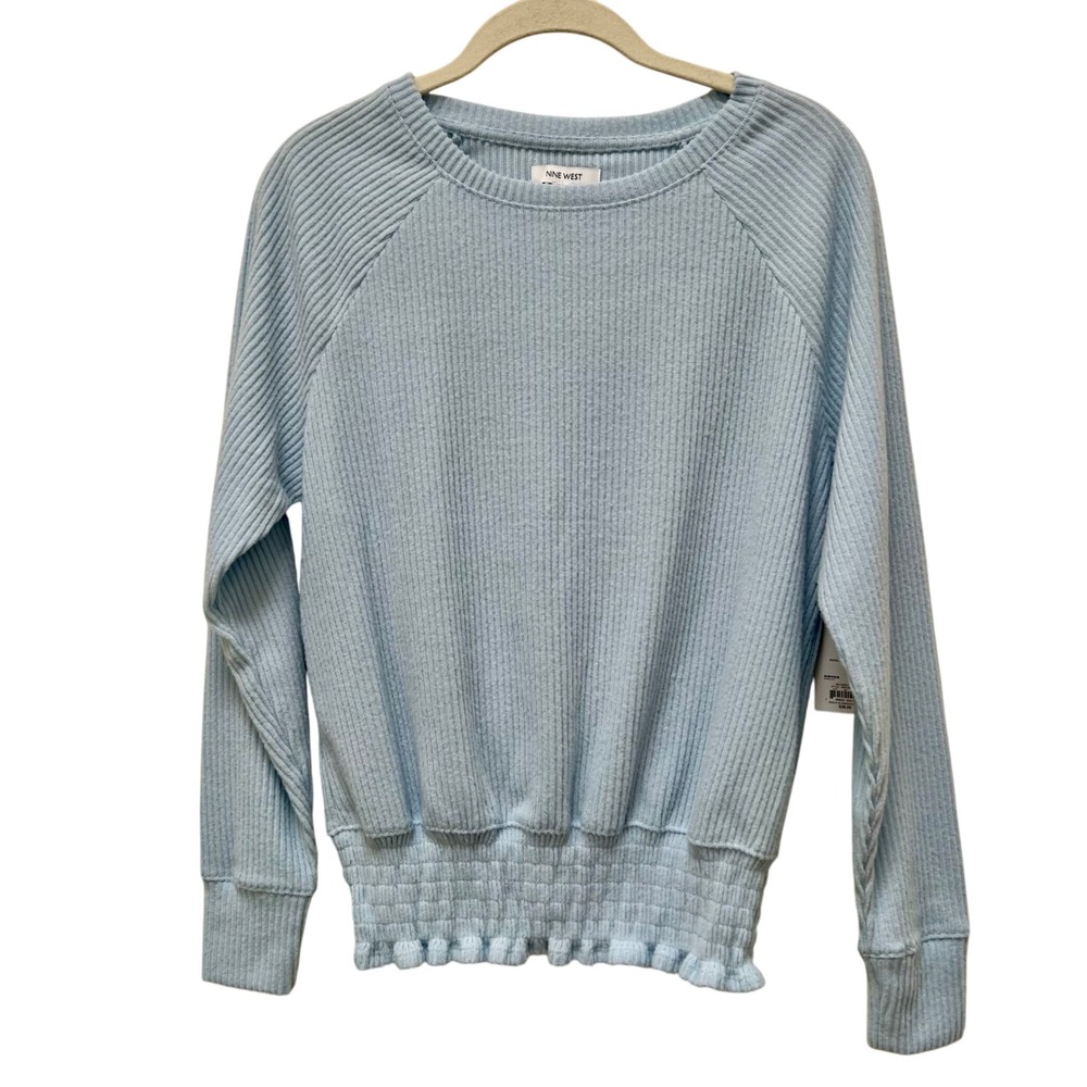 Nine West NWT Womens S Blue Ribbed Raglan Sleeve Smocked Hem Pullover Sweater